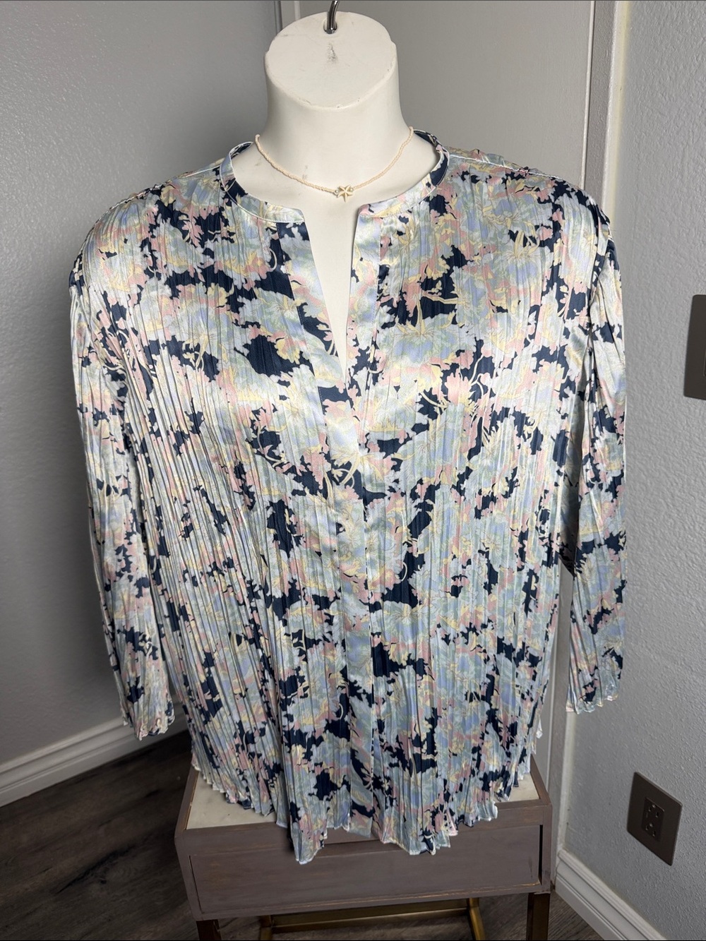Vince Floral Pleated Blouse - Navy, Pastel Pink, Light Blue